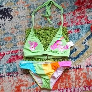 ROXY Lime Yellow Orange Pink Stripes SET M GUC